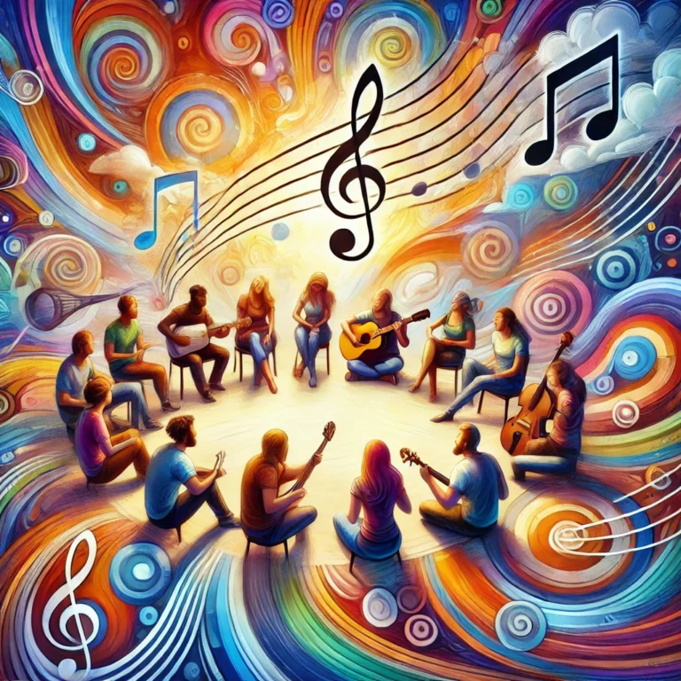 DALL·E 2024 12 04 15.27.45 A vibrant and colorful illustration of a music circle with diverse people joyfully playing instruments and singing together. The setting is lively and