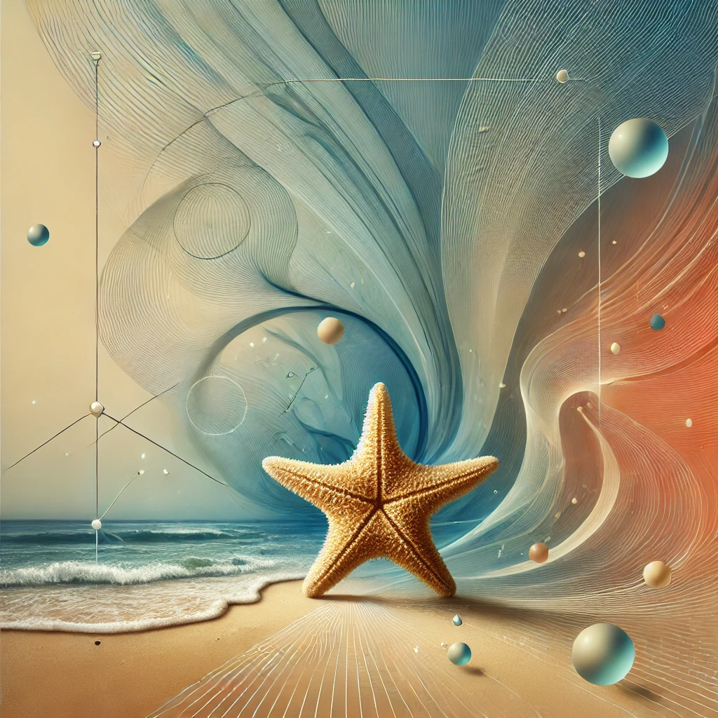 DALL·E 2024 12 04 15.35.15 A serene and visually captivating illustration of a starfish resting on a sandy beach, surrounded by subtle patterns that connect it to its environmen