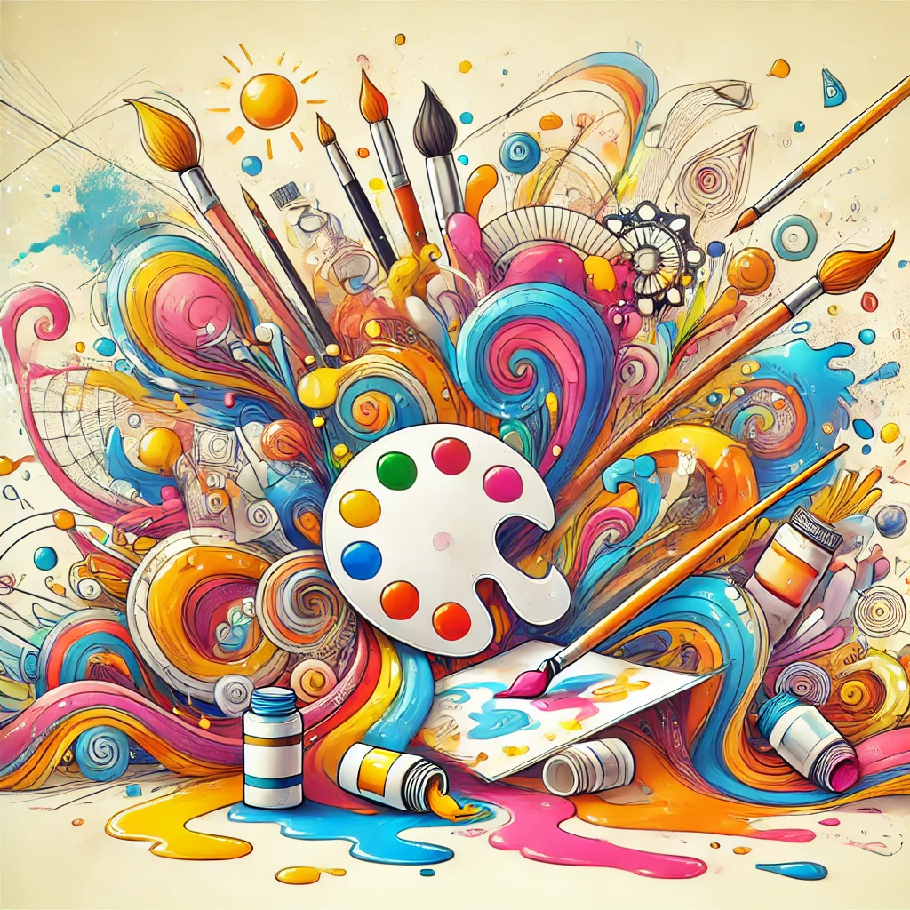 DALL·E 2024 12 04 15.40.18 A vibrant, whimsical, and colorful illustration depicting a playful, messy creative process. The scene features splashes of paint, scattered brushes,