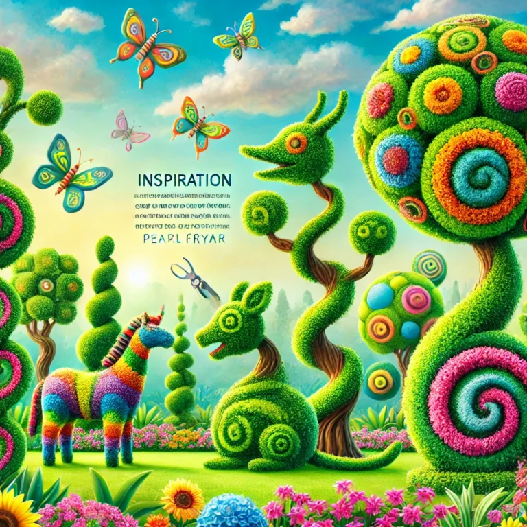 DALL·E 2024 12 04 15.11.05 A whimsical and colorful illustration of a topiary garden, featuring creatively sculpted trees in playful shapes like animals, spirals, and abstract d