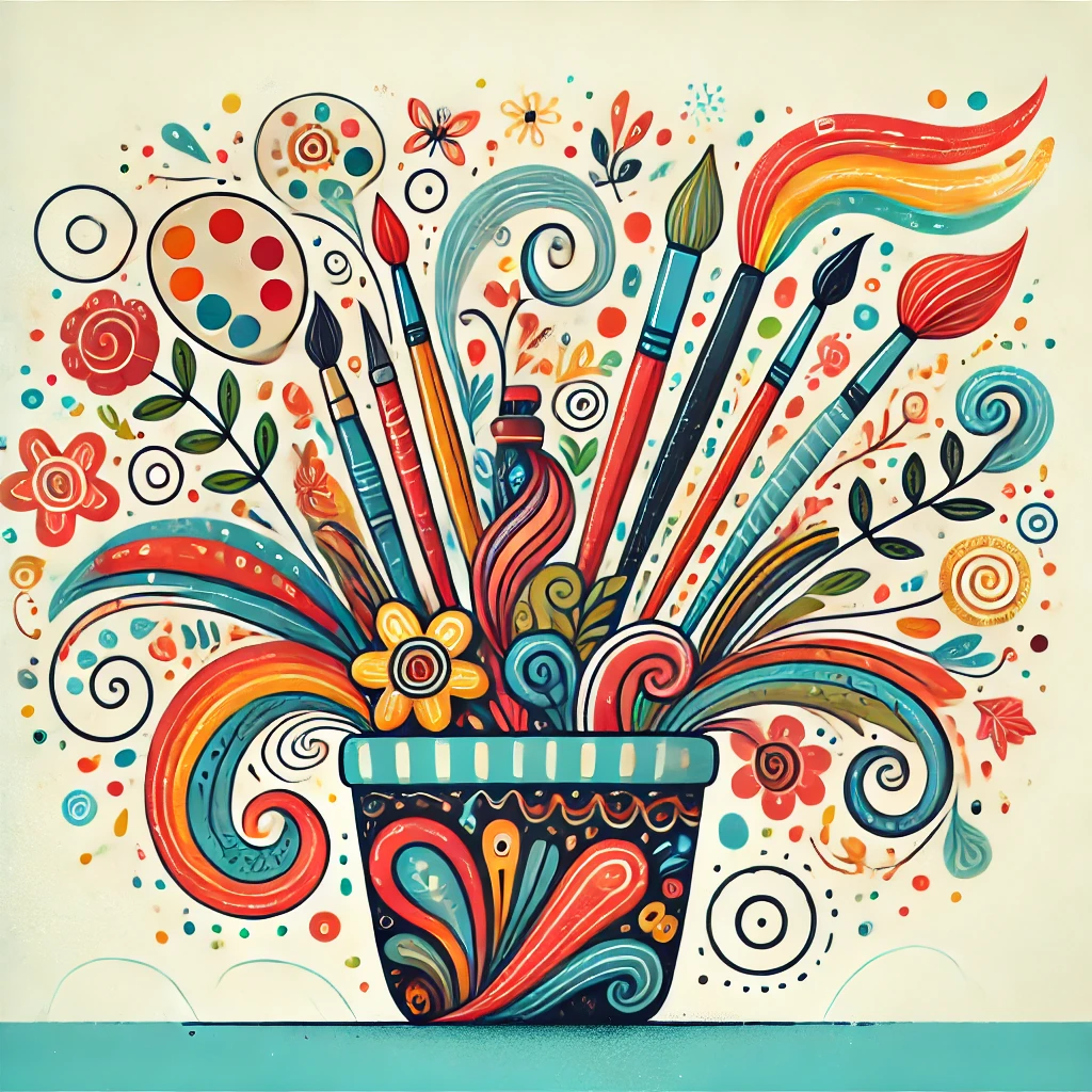 DALL·E 2024 12 04 15.14.50 A whimsical and colorful illustration of a container, such as a decorative jar or pot, overflowing with creative elements like paintbrushes, flowers,