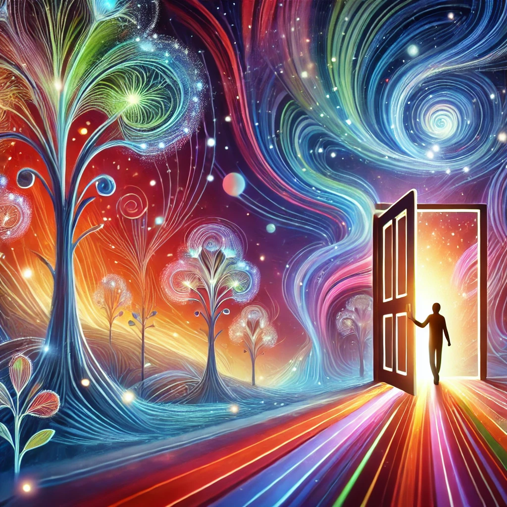 DALL·E 2024 12 04 15.20.21 A vibrant and whimsical illustration of a person stepping through a magical doorway into a world filled with pulsating energy and beauty. The scene fe