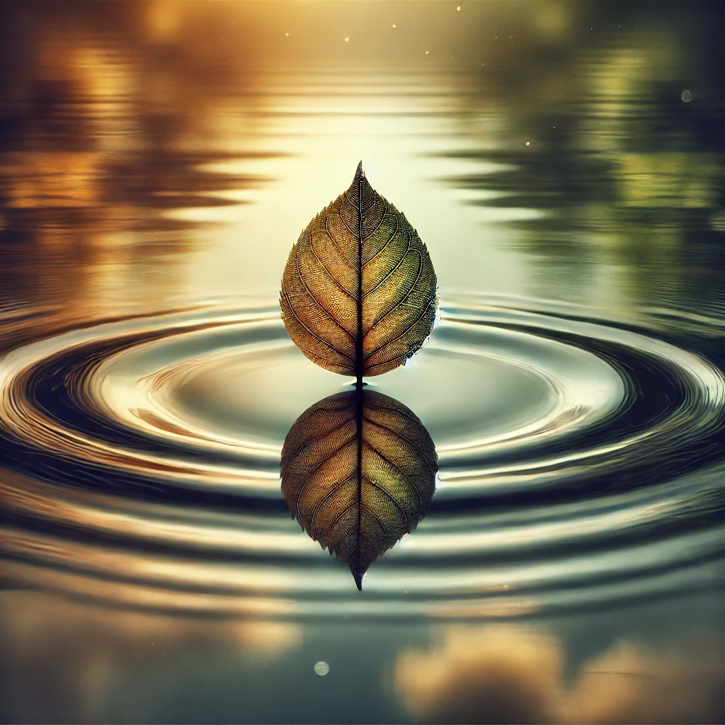 DALL·E 2024 12 04 14.26.42 A serene and artistic image of a single leaf floating on still water, with soft ripples and reflections to symbolize depth and perception. The colors