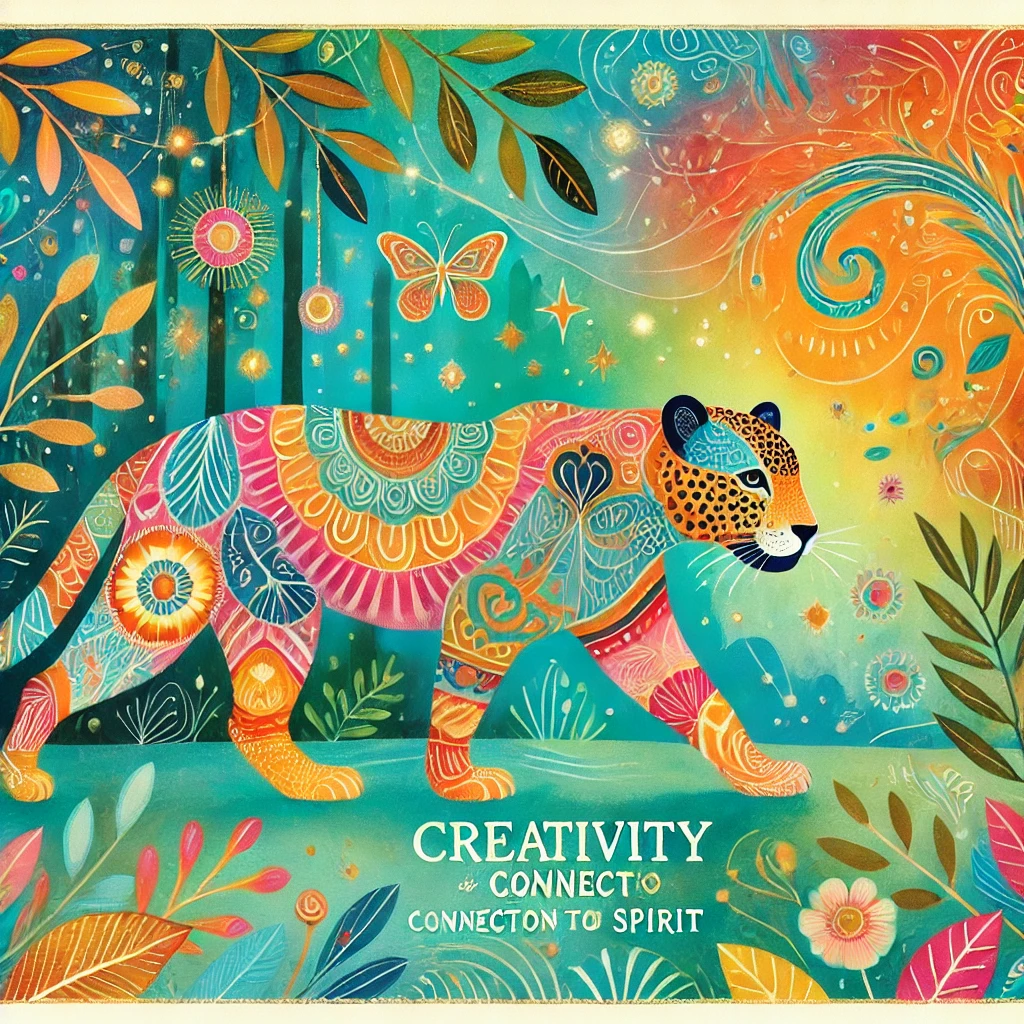 DALL·E 2024 12 04 14.56.42 A whimsical and colorful illustration of a jaguar in a vibrant and magical jungle setting. The jaguar features playful patterns and bright colors like