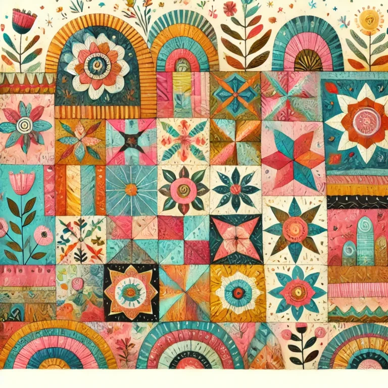 DALL·E 2024 12 04 15.01.41 A beautiful, whimsical illustration of a patchwork quilt with vibrant, playful colors and intricate patterns. The quilt features a variety of shapes a