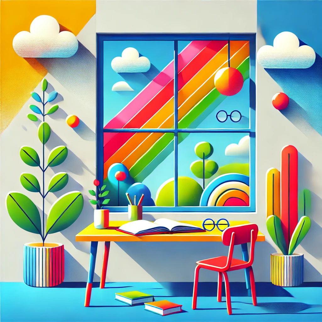 DALL·E 2024 12 04 15.08.05 A vibrant and colorful illustration of a serene learning environment, featuring clean, minimalistic design. The setting includes a window with bright,