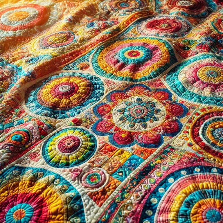 DALL·E 2024 12 04 13.56.16 A detailed close up of a vibrant and colorful quilt. The quilt features intricate patterns and textures, with a variety of warm and bright colors like