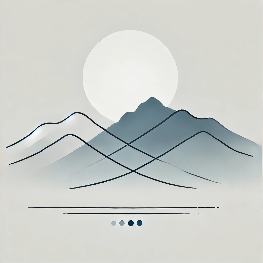 DALL·E 2024 12 04 13.59.24 A minimalist illustration of a mountain range, featuring simple, clean lines and a calming color palette of soft blues, greys, and whites. The design