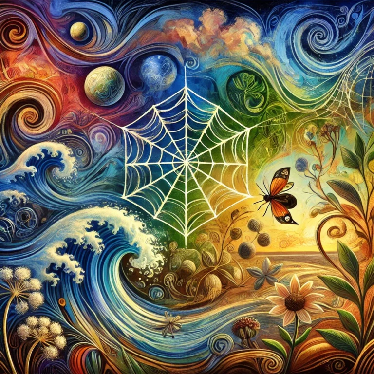 DALL·E 2024 12 04 13.22.32 A vibrant and symbolic illustration of key images in creativity, featuring elements like a spider web, ocean waves, fertile soil, and blooming plants