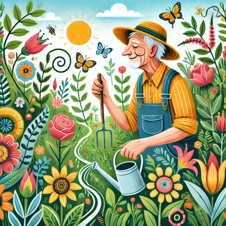 DALL·E 2024 12 04 12.20.01 A whimsical and colorful illustration of an elderly man inspecting his lush, vibrant garden. The man has a joyful expression, wearing a straw hat and