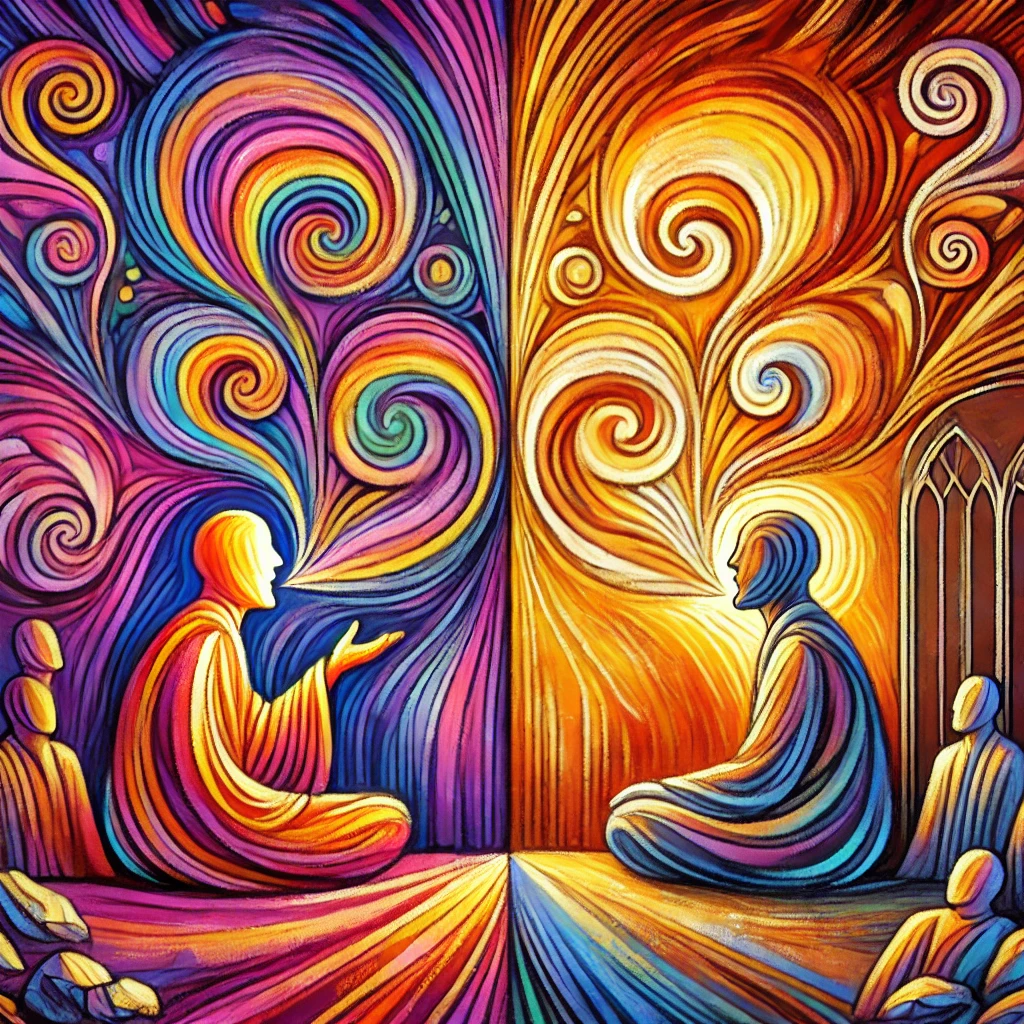 DALL·E 2024 12 04 12.29.38 A vibrant and colorful illustration of two contrasting figures symbolizing Brother Seth and Brother Al, one speaking eloquently with vivid, radiant sw