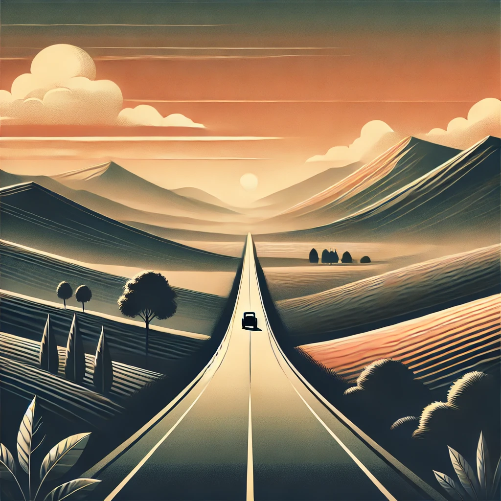 DALL·E 2024 12 04 11.01.18 A serene and evocative illustration of a long, open road stretching into the horizon with rolling hills and mountains in the background, evoking the t