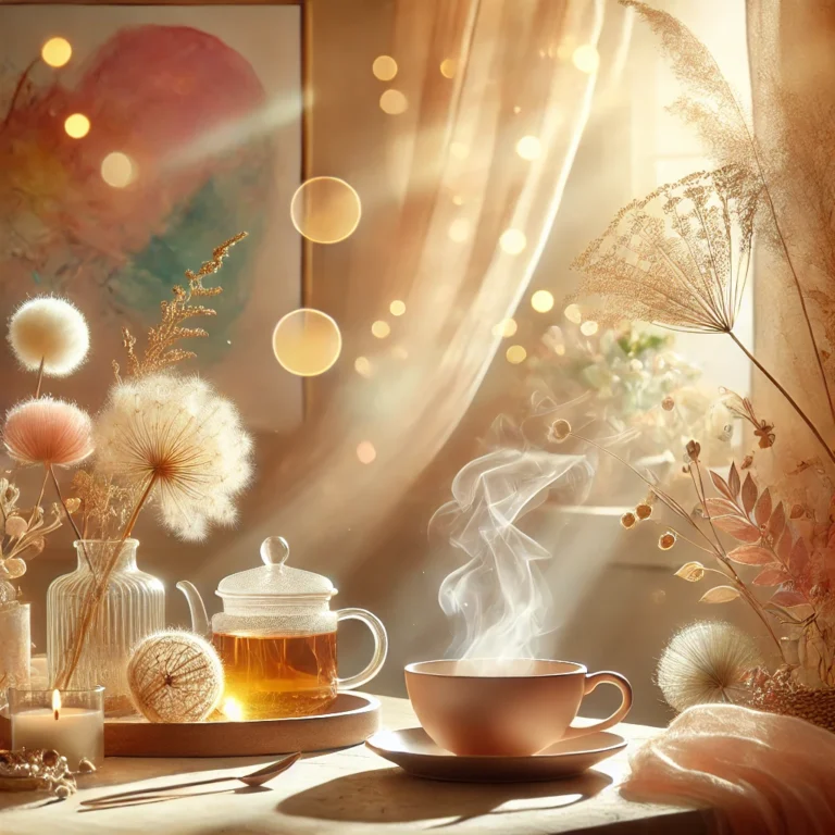 DALL·E 2024 12 04 10.29.55 A warm, light toned image of a cozy table with a steaming cup of tea, surrounded by soft, colorful abstract elements. The setting is calm and inviting