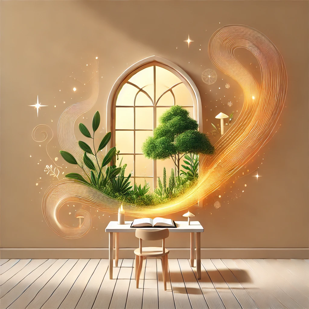 DALL·E 2024 12 03 09.39.23 A minimalist illustration of a serene and magical space, featuring a small, cozy room with an open window letting in warm, golden light. Outside the w