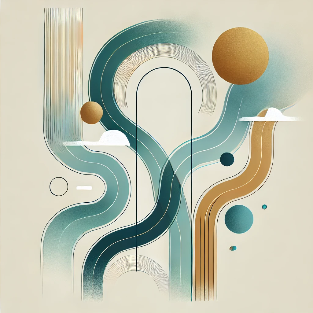 DALL·E 2024 12 02 22.20.35 A minimalist abstract design representing creative transformation, featuring simple flowing lines and shapes in soft tones of teal, gold, and white. T