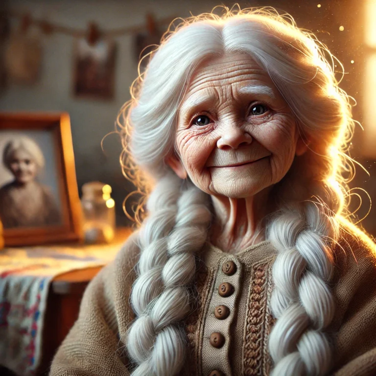 DALL·E 2024 12 02 16.23.08 An artistic depiction of an elderly woman with long, braided white hair that has a hint of its original red. She is small, with a slightly hunched pos