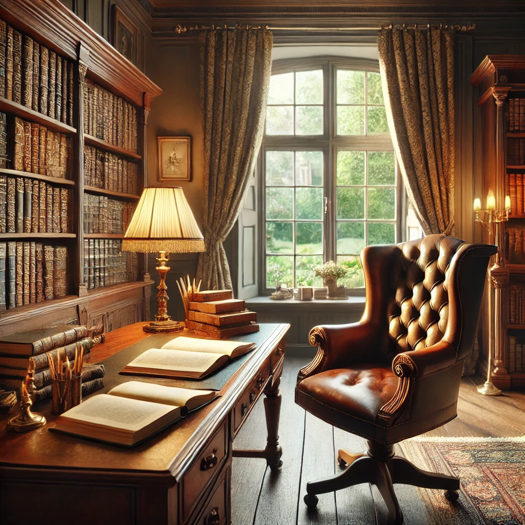 DALL·E 2024 12 02 15.48.14 A cozy and elegant study room featuring a large wooden desk with books scattered across it, a comfortable leather chair, bookshelves filled with books