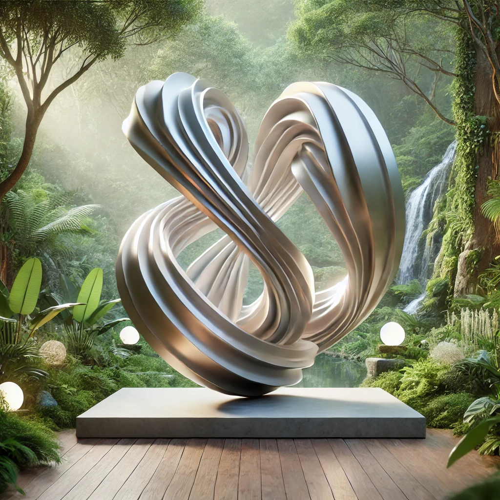 DALL·E 2024 12 02 13.21.47 A captivating and serene image of an abstract sculpture in a natural outdoor setting. The sculpture features fluid, intertwined forms that evoke creat