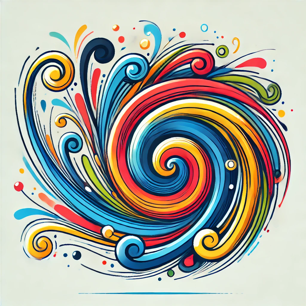 DALL·E 2024 12 02 13.25.48 A vibrant and colorful hand drawn spiral with artistic flourishes, featuring multiple bright hues like red, blue, yellow, and green, against a clean,