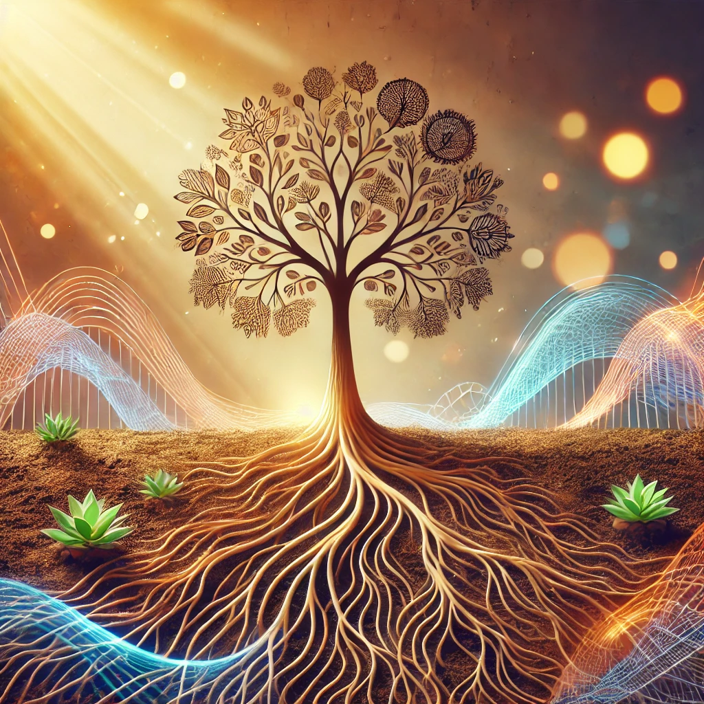 DALL·E 2024 12 02 12.44.42 A lighter and uplifting image of a tree growing from rich, fertile soil with its roots intertwining with abstract shapes like waves and webs, symboliz