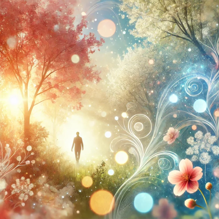 DALL·E 2024 12 02 07.57.42 A light and uplifting image of a person walking through a sunlit park or garden, surrounded by blooming flowers and trees. The atmosphere is bright, w