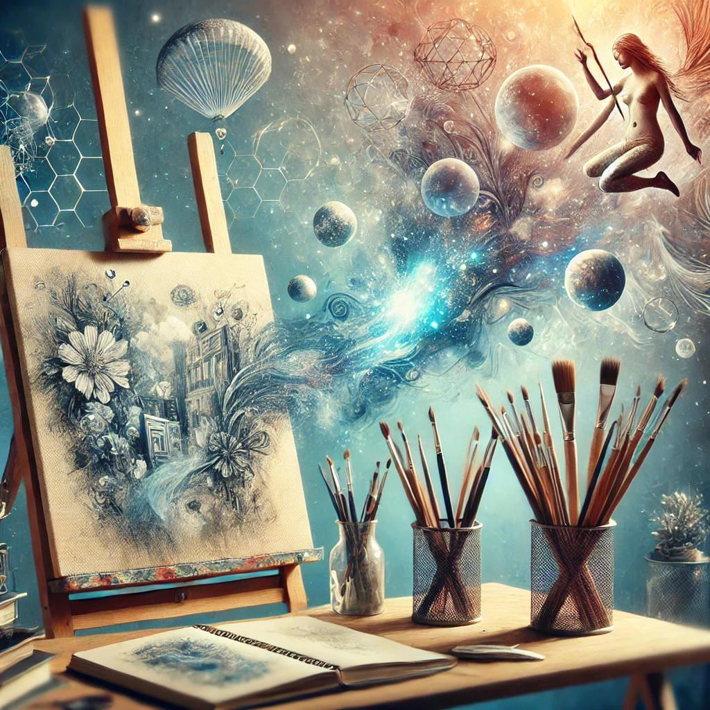 DALL·E 2024 12 01 20.55.40 A creative and inspiring image of an artist's workspace featuring an easel, brushes, and a sketchbook surrounded by abstract, dreamlike imagery floati