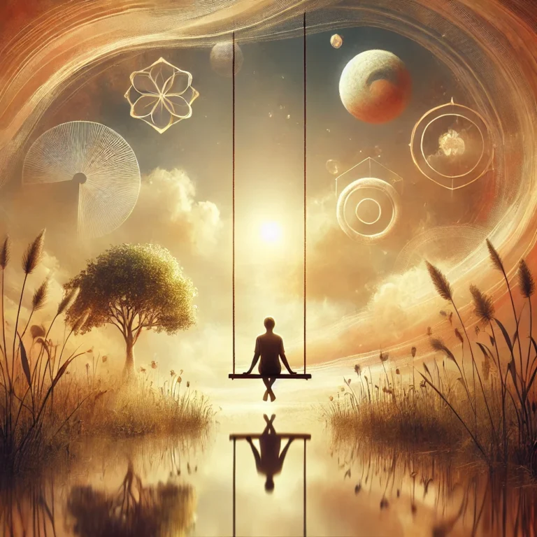 DALL·E 2024 12 01 09.52.30 A serene and reflective image of a person sitting on a swing in a peaceful natural setting, with soft, dreamlike shapes and abstract symbols subtly bl