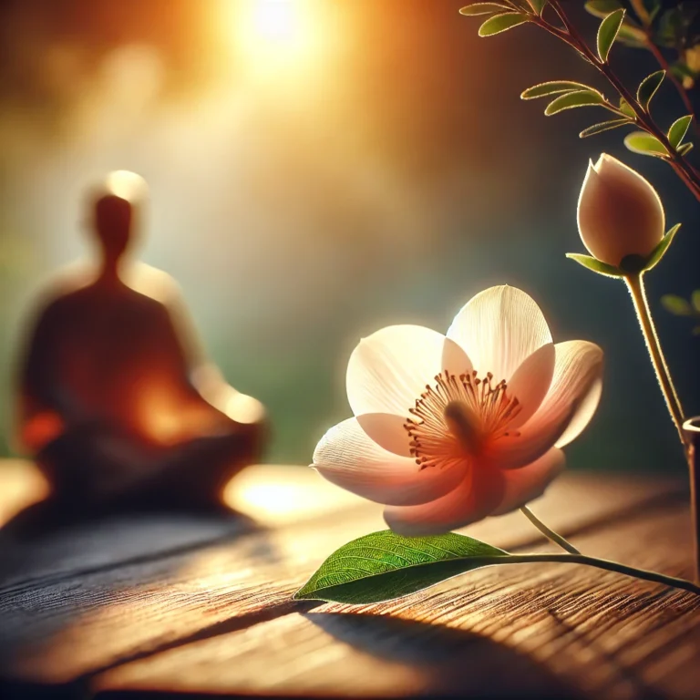 DALL·E 2024 12 01 09.47.24 A serene and symbolic image of a flower gently blooming in soft natural light, with a person nearby quietly observing. The person is seated in a peace