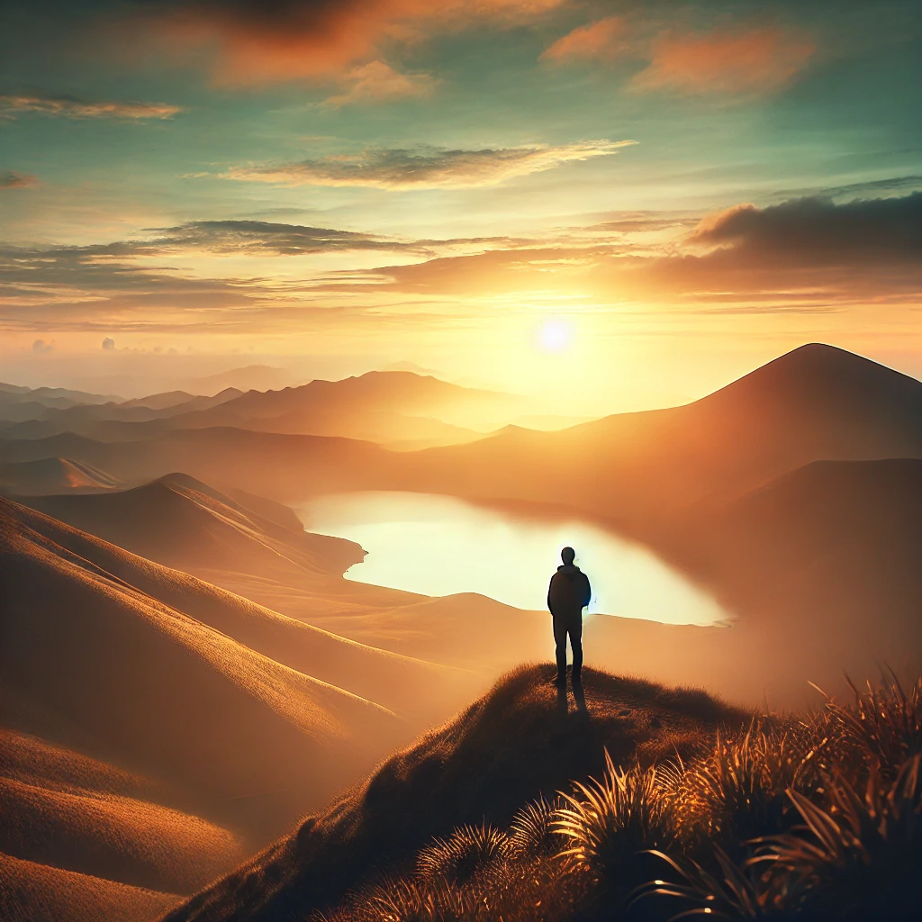 DALL·E 2024 12 01 01.16.17 A serene image of a person standing on a hill at sunset, overlooking a vast and beautiful natural landscape with rolling hills and a tranquil lake. Th