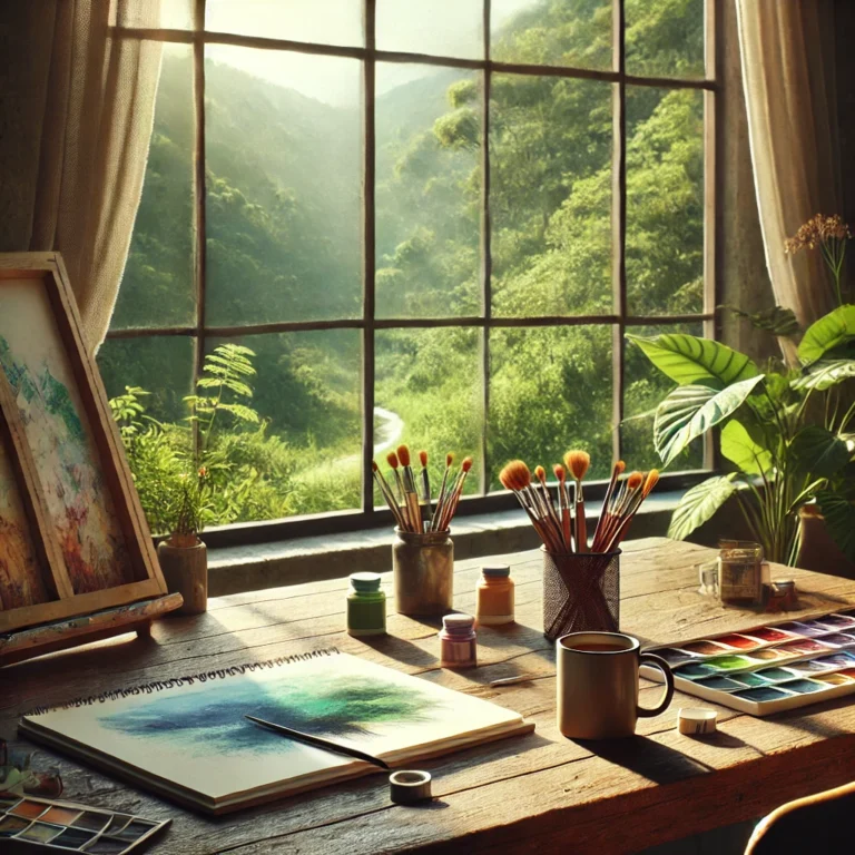 DALL·E 2024 12 01 01.08.45 A realistic and inspiring image of a creative workspace. The scene features a table near a window overlooking lush greenery. On the table, there are p