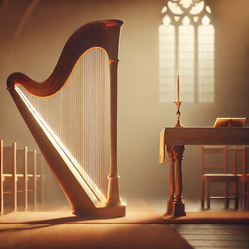 DALL·E 2024 12 01 00.57.10 A serene and realistic image of a harp in a softly lit church setting, with a warm and reflective atmosphere. The focus is on the harp placed near a s