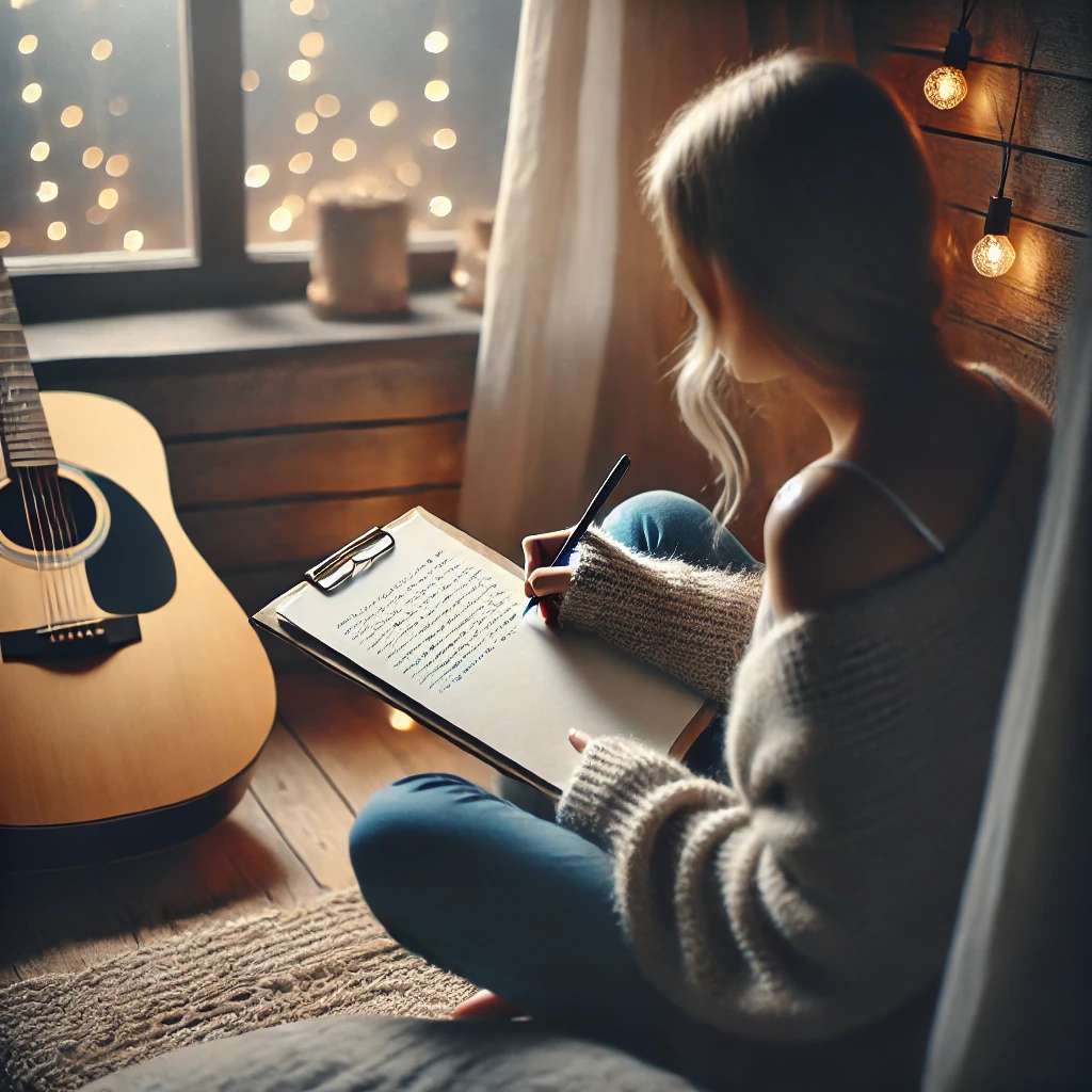 DALL·E 2024 12 01 01.00.02 A realistic image of a young woman sitting in a cozy, softly lit room, writing a song on paper with a guitar beside her. The atmosphere is intimate an