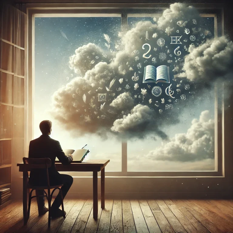 DALL·E 2024 12 01 00.47.13 A realistic image depicting a serene moment of introspection a person sitting at a wooden desk with an open journal, looking out a window into a sky