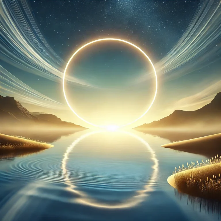 DALL·E 2024 11 30 23.39.28 A serene and symbolic illustration of a large, glowing circle surrounded by an expansive, peaceful landscape. The scene exudes creativity and transfor