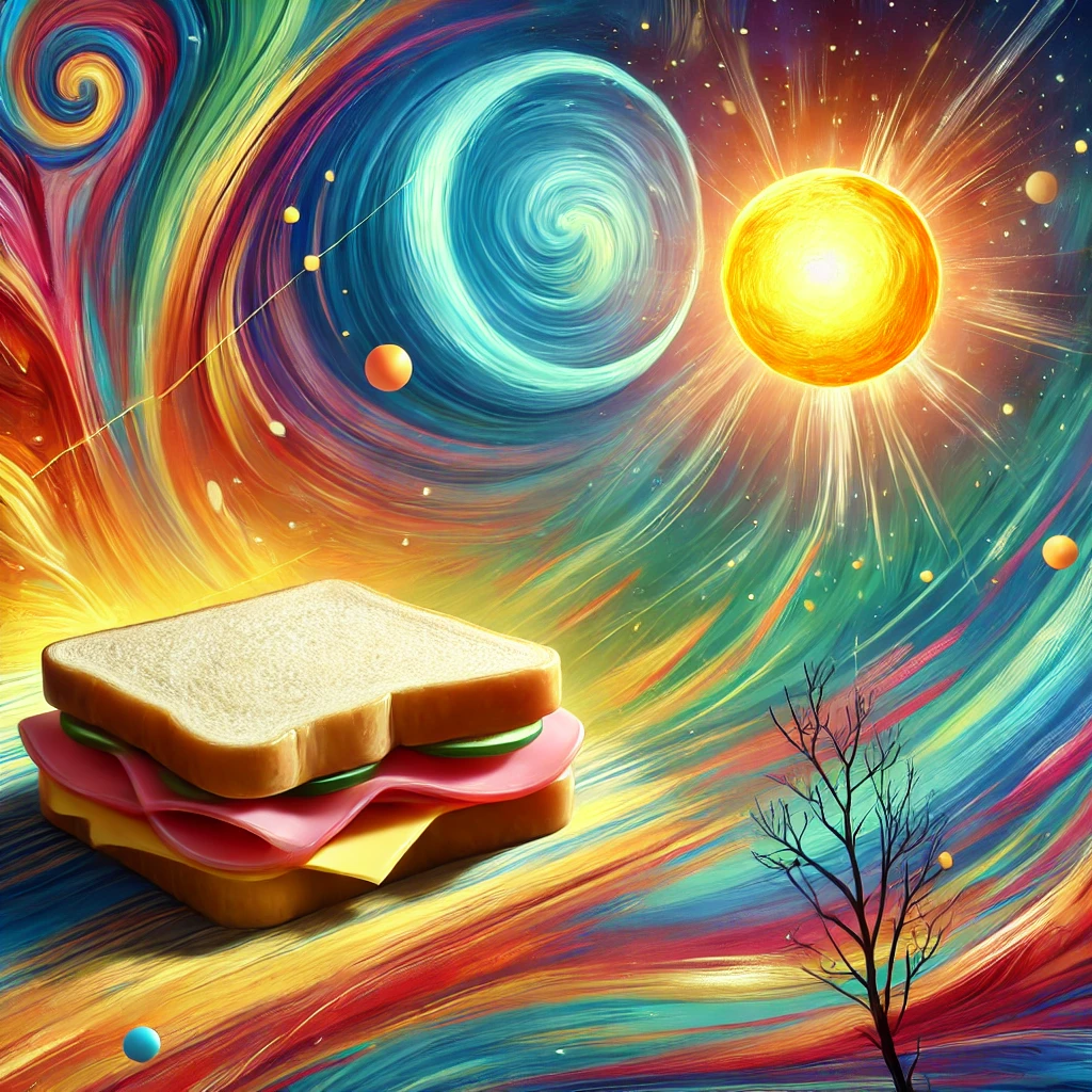 DALL·E 2024 11 30 23.26.13 A surreal illustration featuring two seemingly unrelated objects, such as a ham sandwich and a glowing orb, floating in a vibrant, abstract background