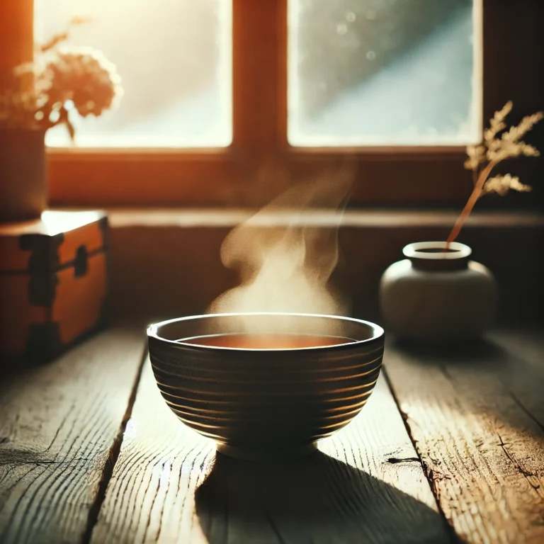 DALL·E 2024 11 30 23.19.19 A serene and simple illustration of a steaming bowl of soup, sitting on a rustic wooden table by a sunny window. The soup appears warm and inviting, w