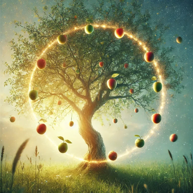 DALL·E 2024 11 30 23.09.31 A serene and symbolic image of a fruit bearing tree in a peaceful, natural setting. The tree has ripe fruit gently falling to the ground, bathed in so