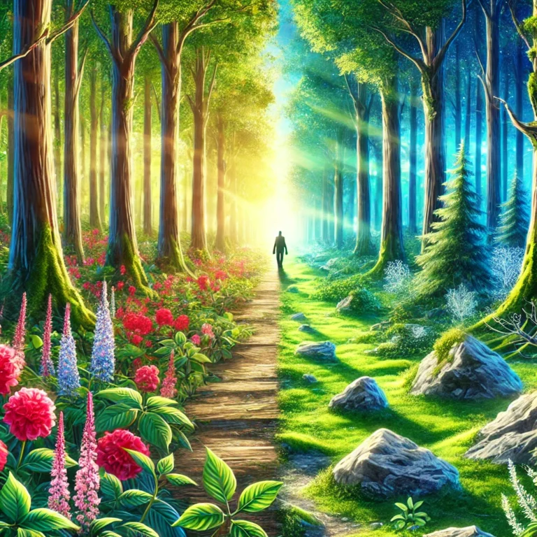 DALL·E 2024 11 30 23.13.39 A serene and symbolic illustration of a lush forest with two distinct paths one path is vibrant and lined with colorful flowers, while the other is r