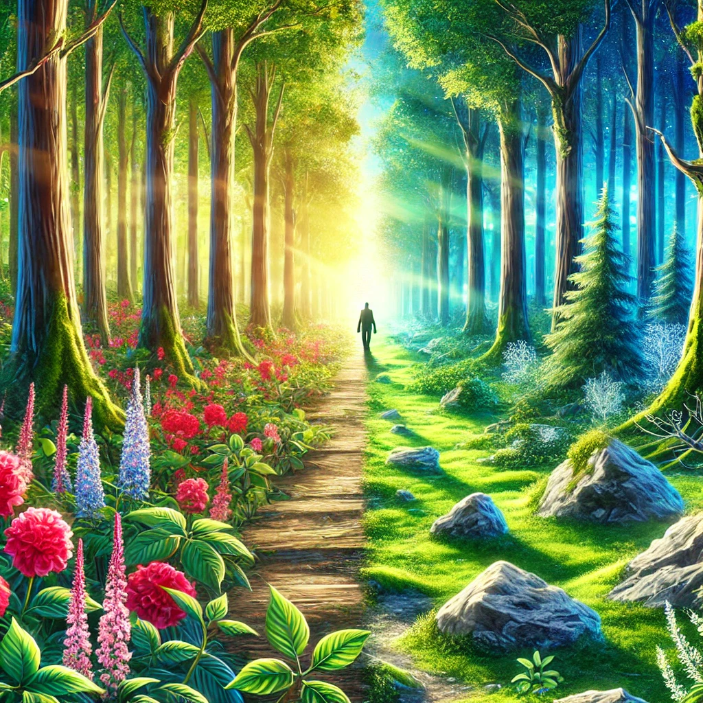 DALL·E 2024 11 30 23.13.39 A serene and symbolic illustration of a lush forest with two distinct paths one path is vibrant and lined with colorful flowers, while the other is r