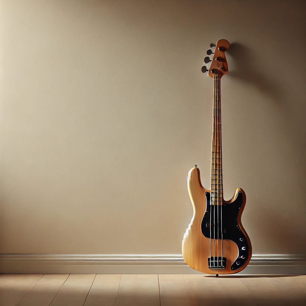 DALL·E 2024 11 30 22.43.49 A simple and serene image of a bass guitar leaning gently against a plain wall, with soft, warm natural lighting creating subtle shadows on the wall a