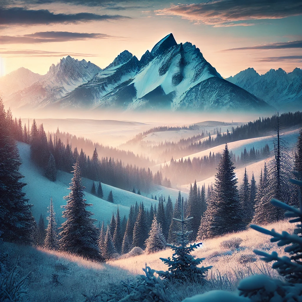 DALL·E 2024 11 30 21.58.36 A breathtaking snowy mountain range at sunrise with a peaceful forest in the foreground, evoking the untamed and mystical beauty of Montana's wilderne