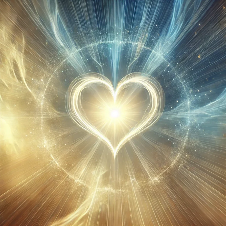 DALL·E 2024 11 30 21.53.28 A serene and mystical image of a glowing heart shape subtly blended with radiating light beams. The background features an abstract, expansive energy