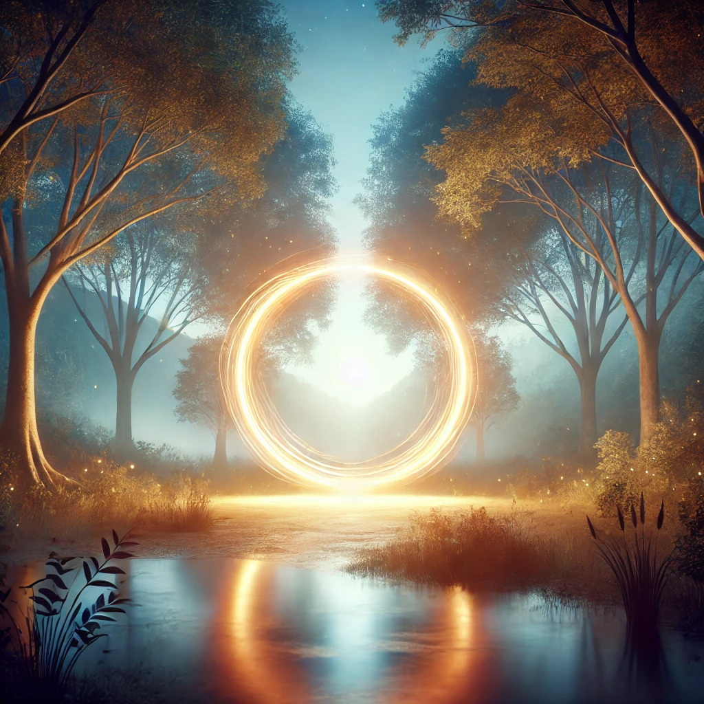 DALL·E 2024 11 30 21.42.52 A serene and symbolic image of a glowing circle of light in a peaceful, natural setting. The scene features soft, warm lighting with an ethereal glow