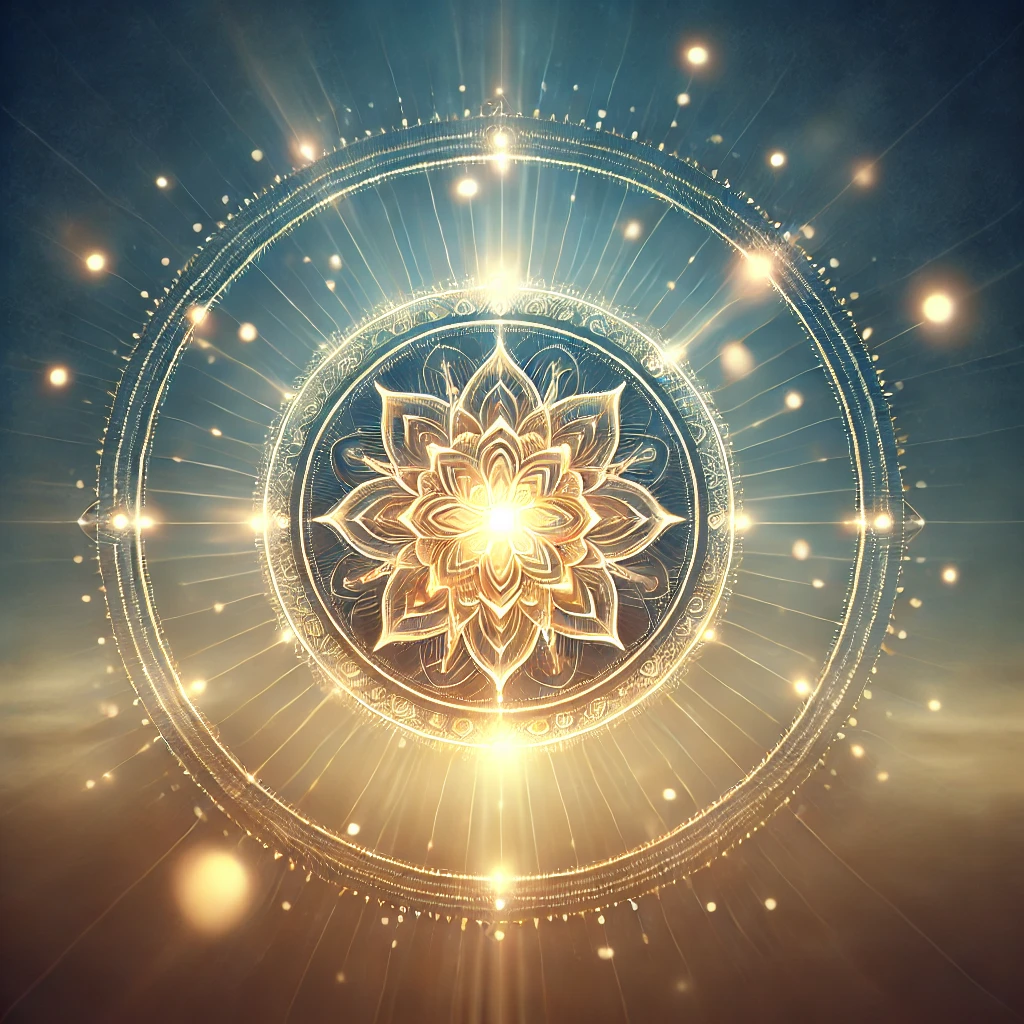 DALL·E 2024 11 30 21.37.19 A serene and mystical illustration of a glowing mandala with soft, warm light emanating from it, symbolizing unity, connection, and the energy of a gr