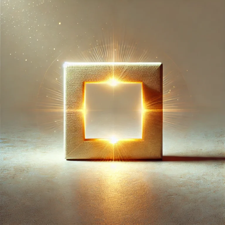 DALL·E 2024 11 30 20.55.23 A serene and symbolic illustration of a glowing, golden square resting on a calm, textured surface. The square radiates strength, clarity, and grounde