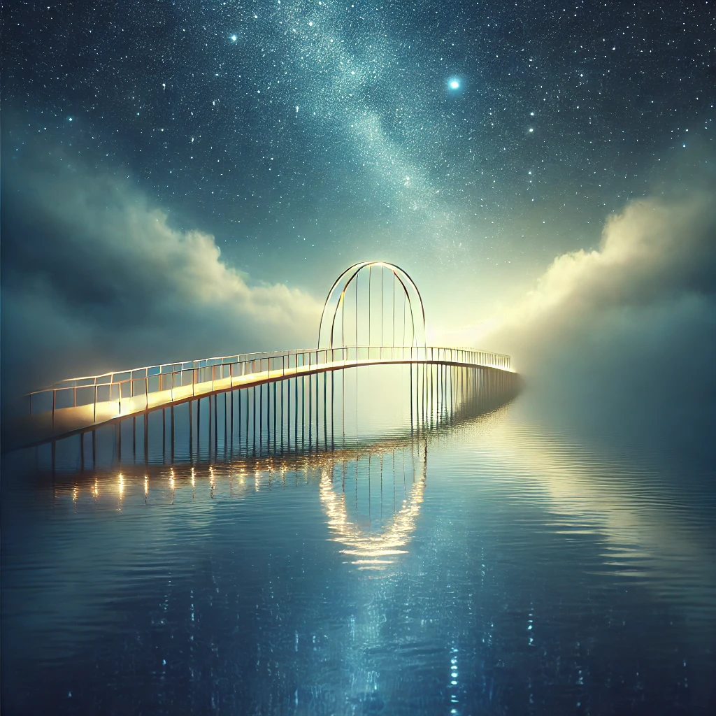 DALL·E 2024 11 30 20.17.43 A serene and mystical image of a glowing bridge crossing a still body of water under a starry night sky. The bridge is softly illuminated, creating a