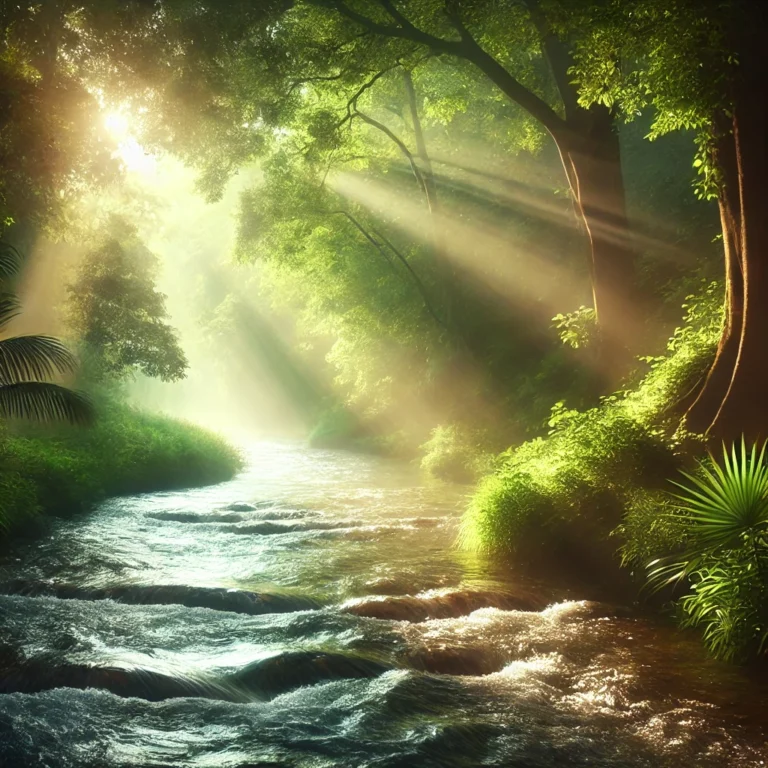 DALL·E 2024 11 30 20.11.36 A serene and symbolic image of a gently flowing river surrounded by lush greenery and soft sunlight filtering through the trees. The water glimmers wi