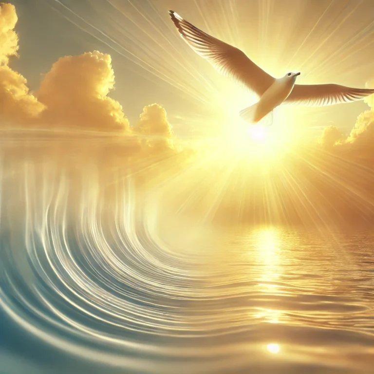 DALL·E 2024 11 30 19.54.07 A serene and symbolic image of a seagull soaring high above the ocean, with golden sunlight illuminating the sky and water. The scene evokes a sense o