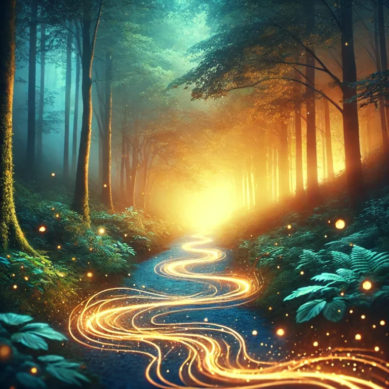 DALL·E 2024 11 30 19.56.46 A captivating and serene image of a glowing path meandering through a mystical forest at twilight. Soft light filters through the trees, evoking a sen