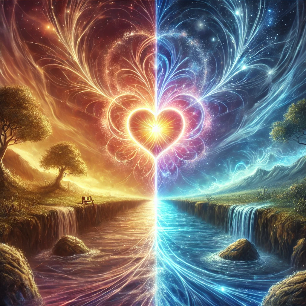 DALL·E 2024 11 30 20.00.05 A mystical and symbolic illustration of a glowing heart bridging two worlds. On one side, a grounded, earthy scene with trees, rocks, and rivers; on t